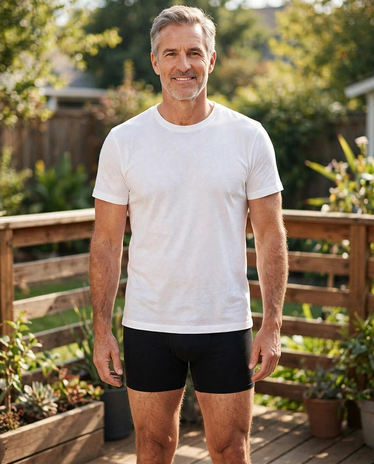 Man in his 50s on a sunny deck wearing black washable leakproof boxer briefs