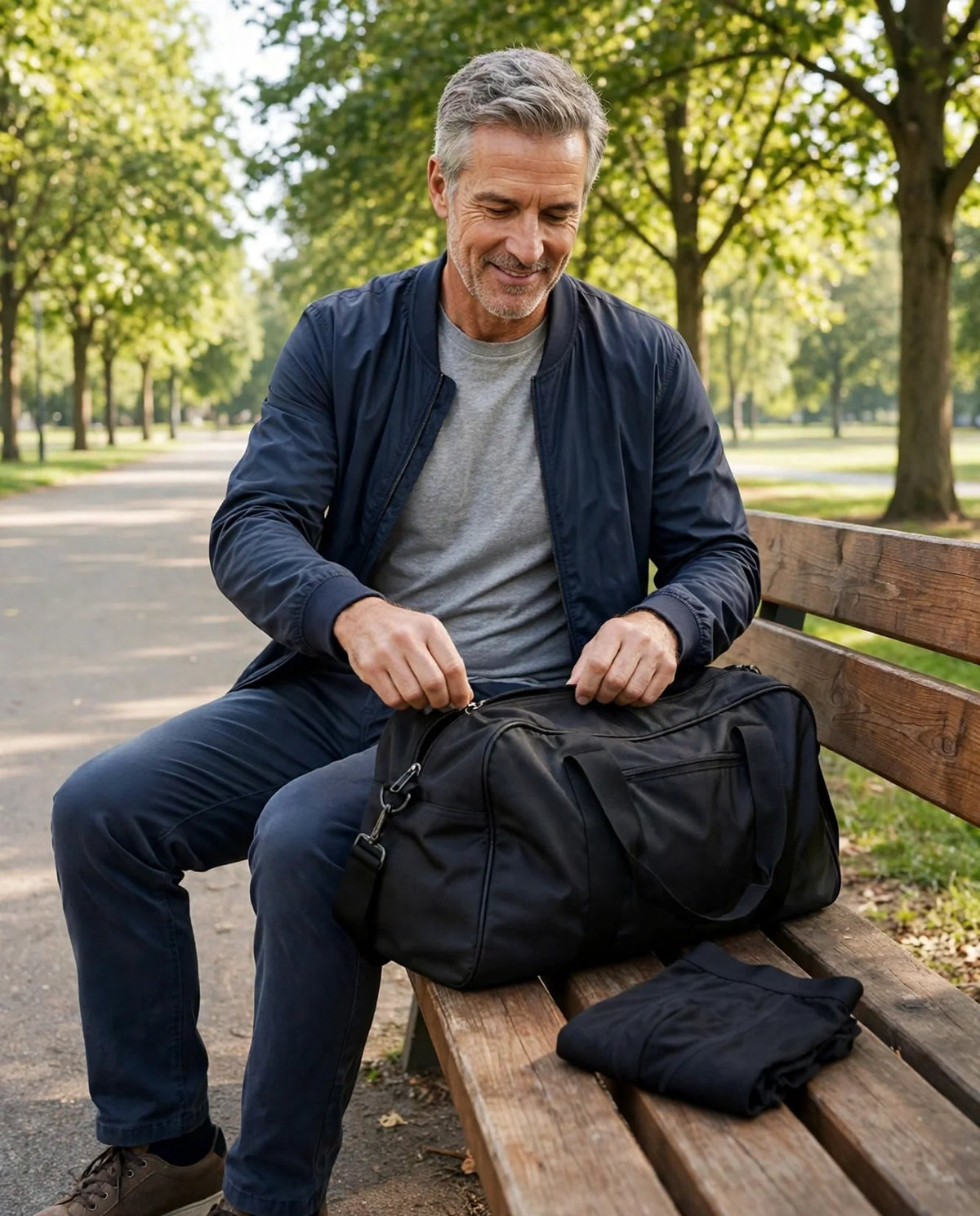 Older man packing spare leakproof underwear in a gym bag at a park bench