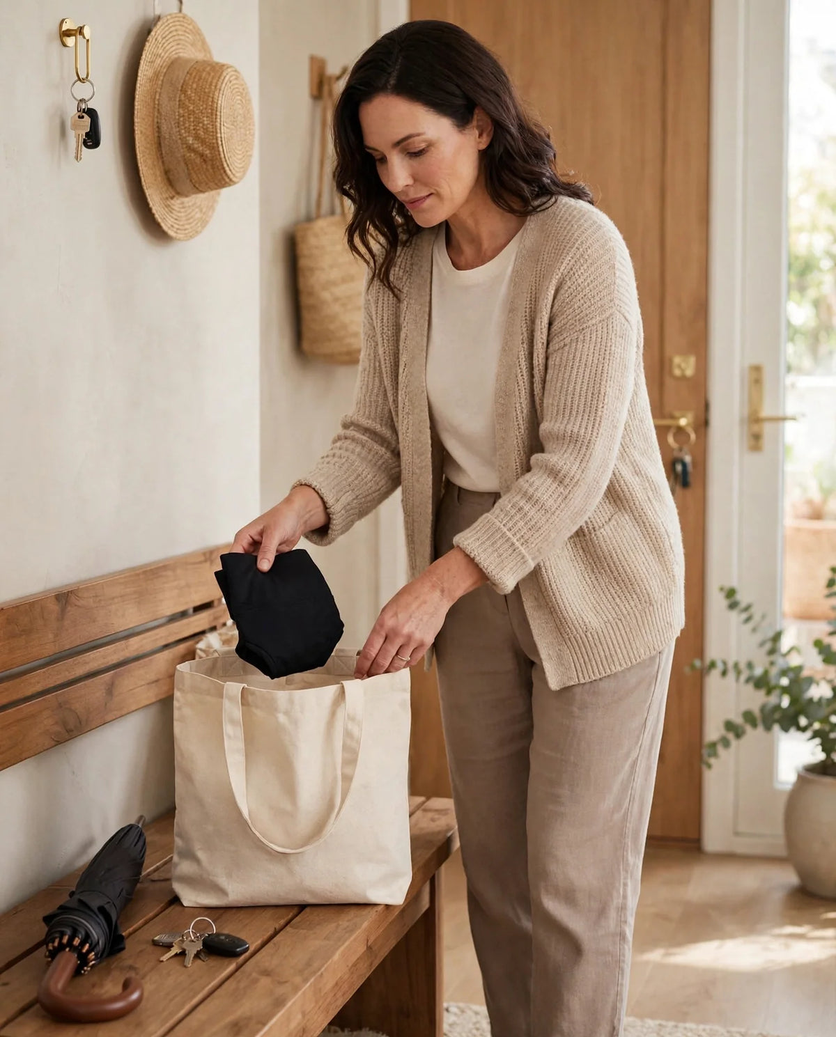 Woman packing a spare pair of black leakproof underwear into a tote bag by the front door