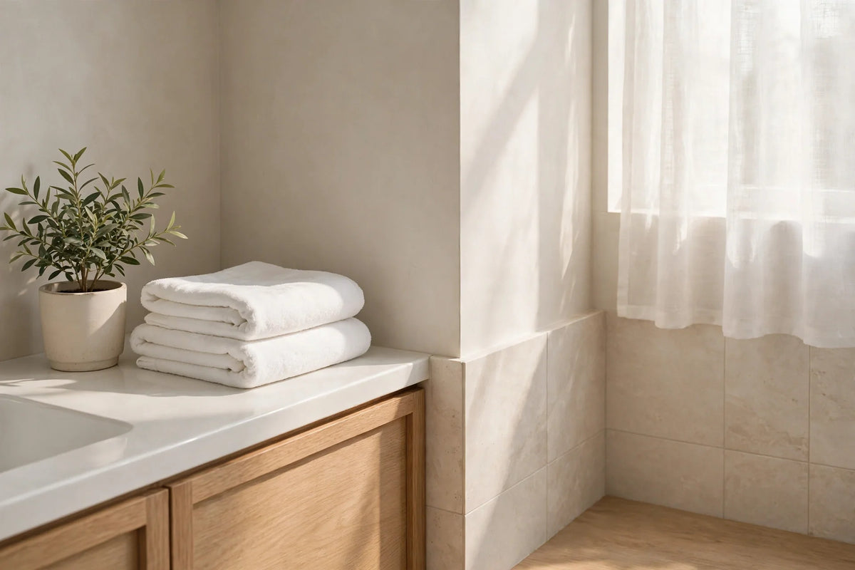 Bright, clean bathroom with folded towels in soft daylight