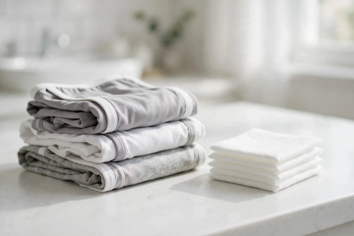 Folded leakproof underwear beside a stack of white incontinence pads on a bright bathroom counter