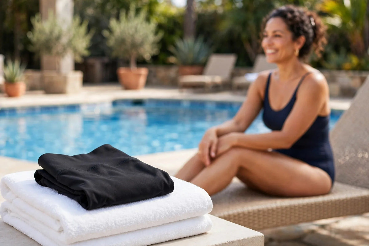 Folded black leakproof underwear on a white towel beside a swimming pool