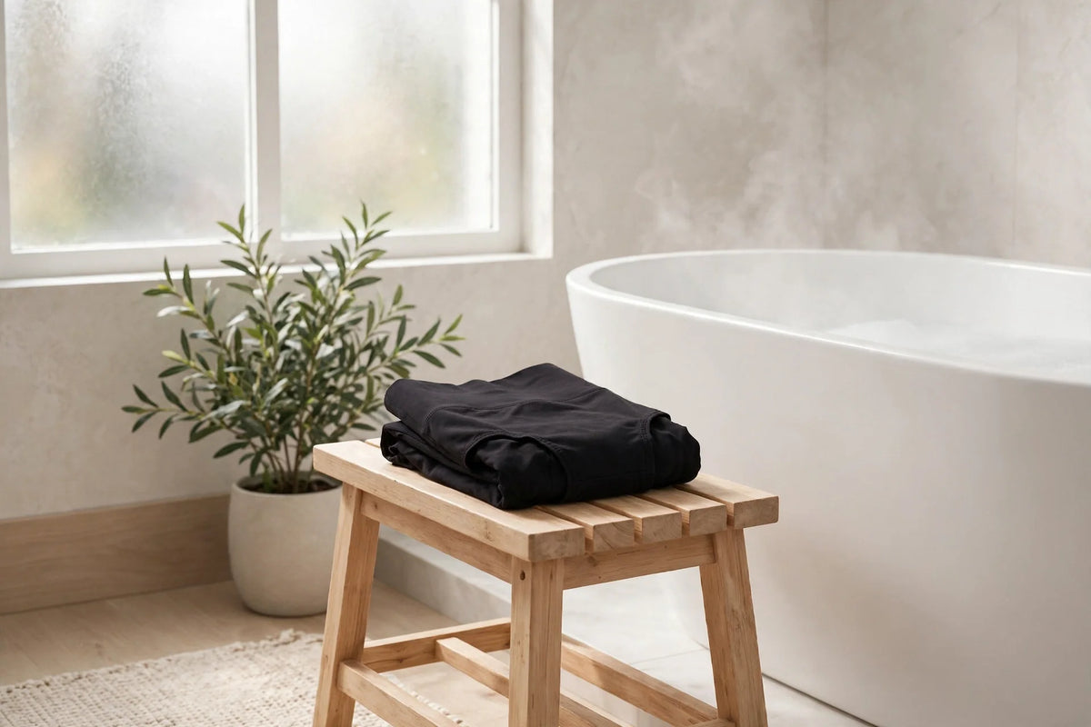 Folded black high-waist reusable leakproof underwear on a wooden stool beside a bathtub