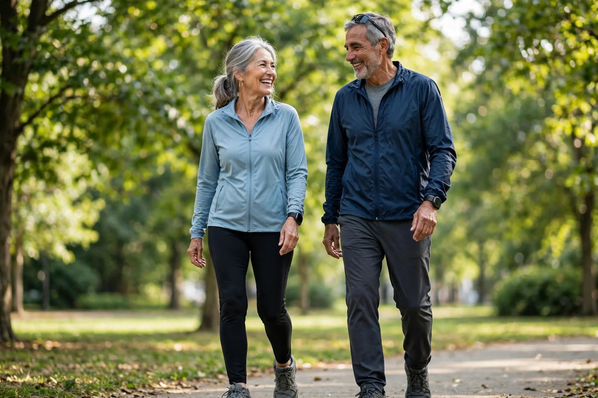 Active senior couple walking in a sunny park, representing healthy aging with bladder confidence