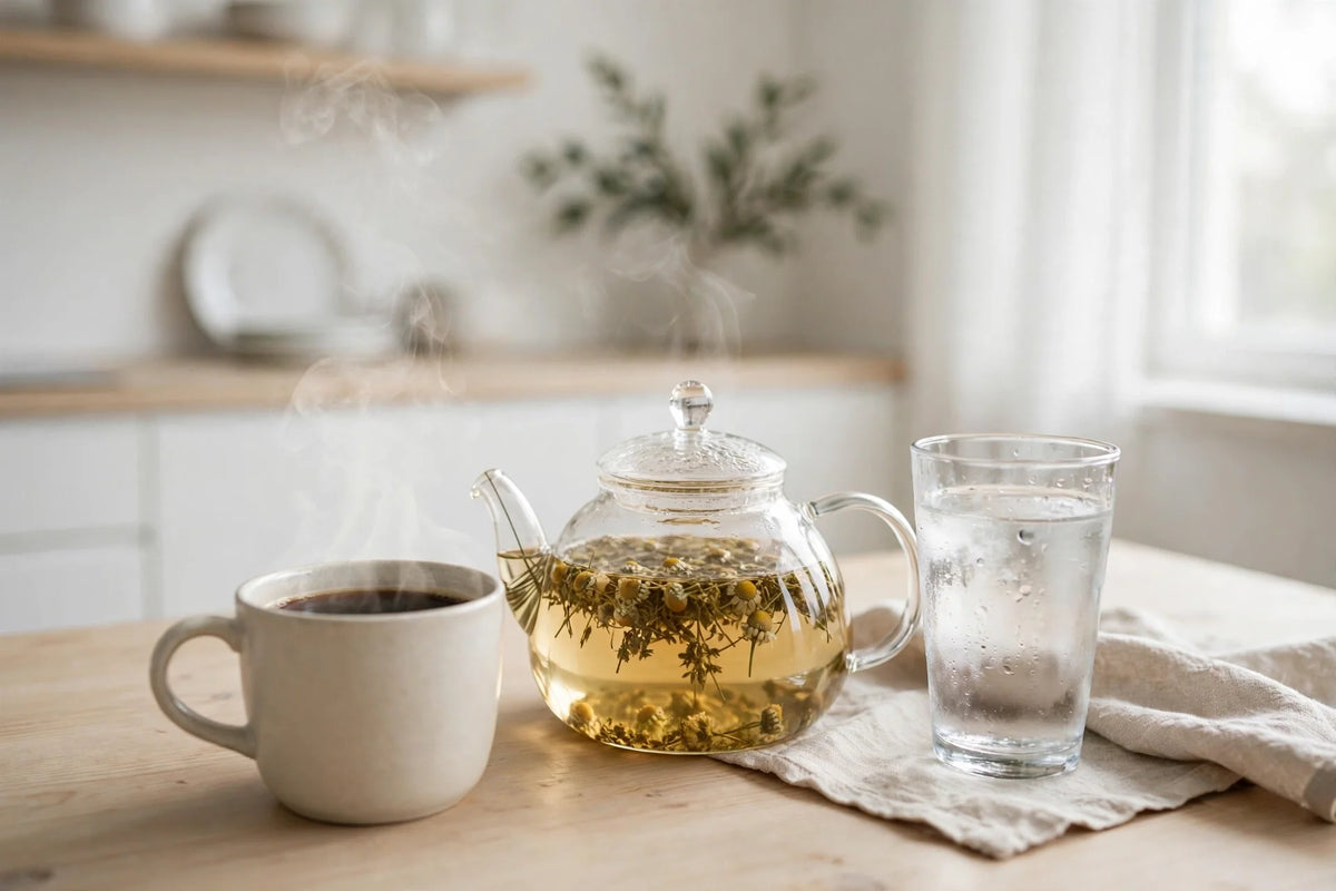 Coffee, tea, and water on a bright kitchen table