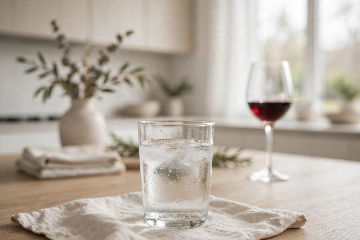 Glass of water in the foreground with a blurred glass of wine in the background