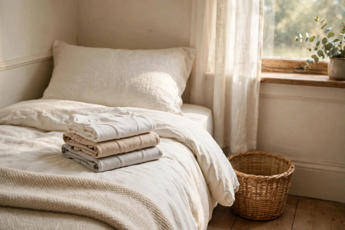 Neatly folded washable incontinence underwear on a bed for a caregiver’s guide to helping an aging parent with bladder leaks