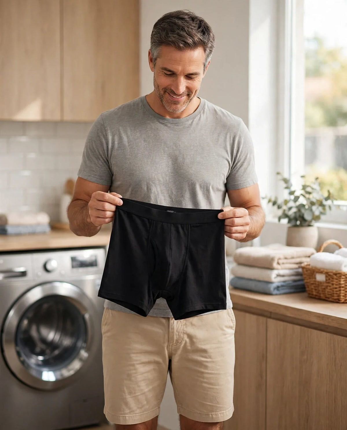 Man in a bright laundry room holding up a pair of black washable incontinence underwear boxer briefs