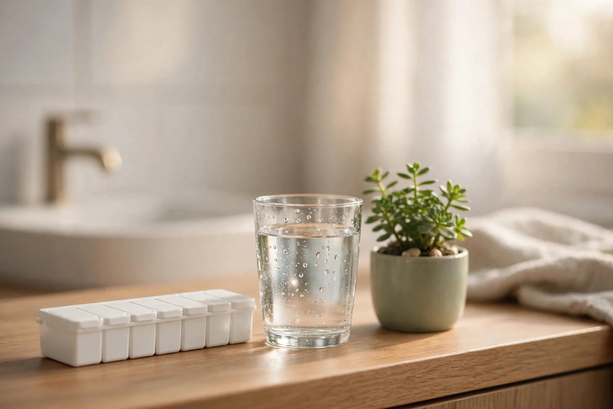 Pill organizer, water glass and plant on a bathroom vanity in morning light