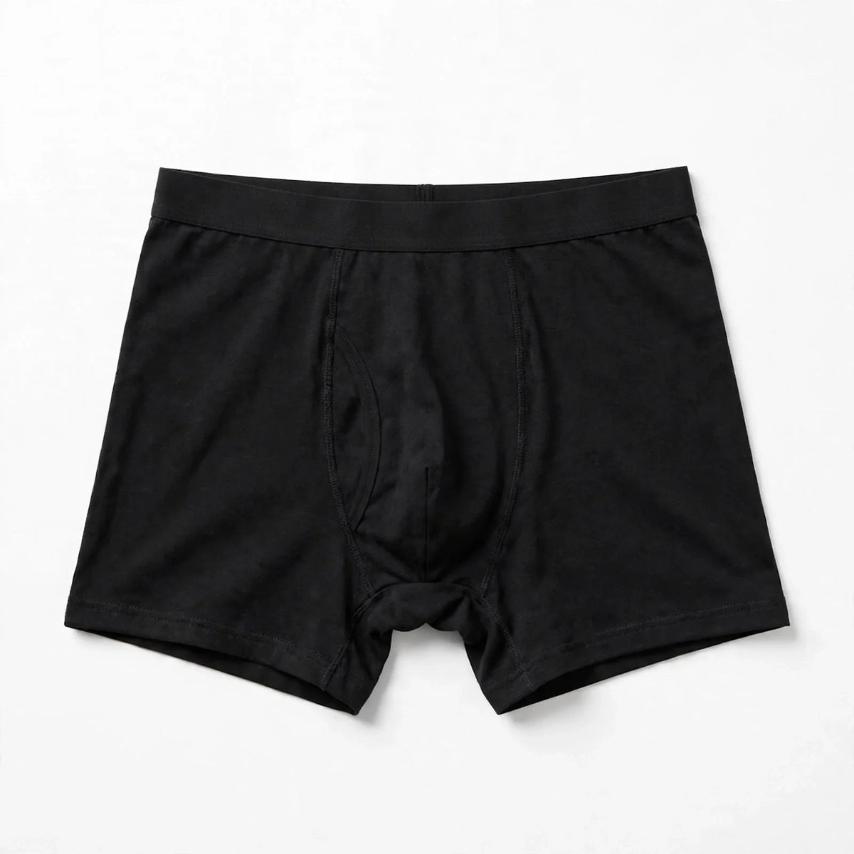 Black men's leakproof boxer briefs shown flat on a bright background